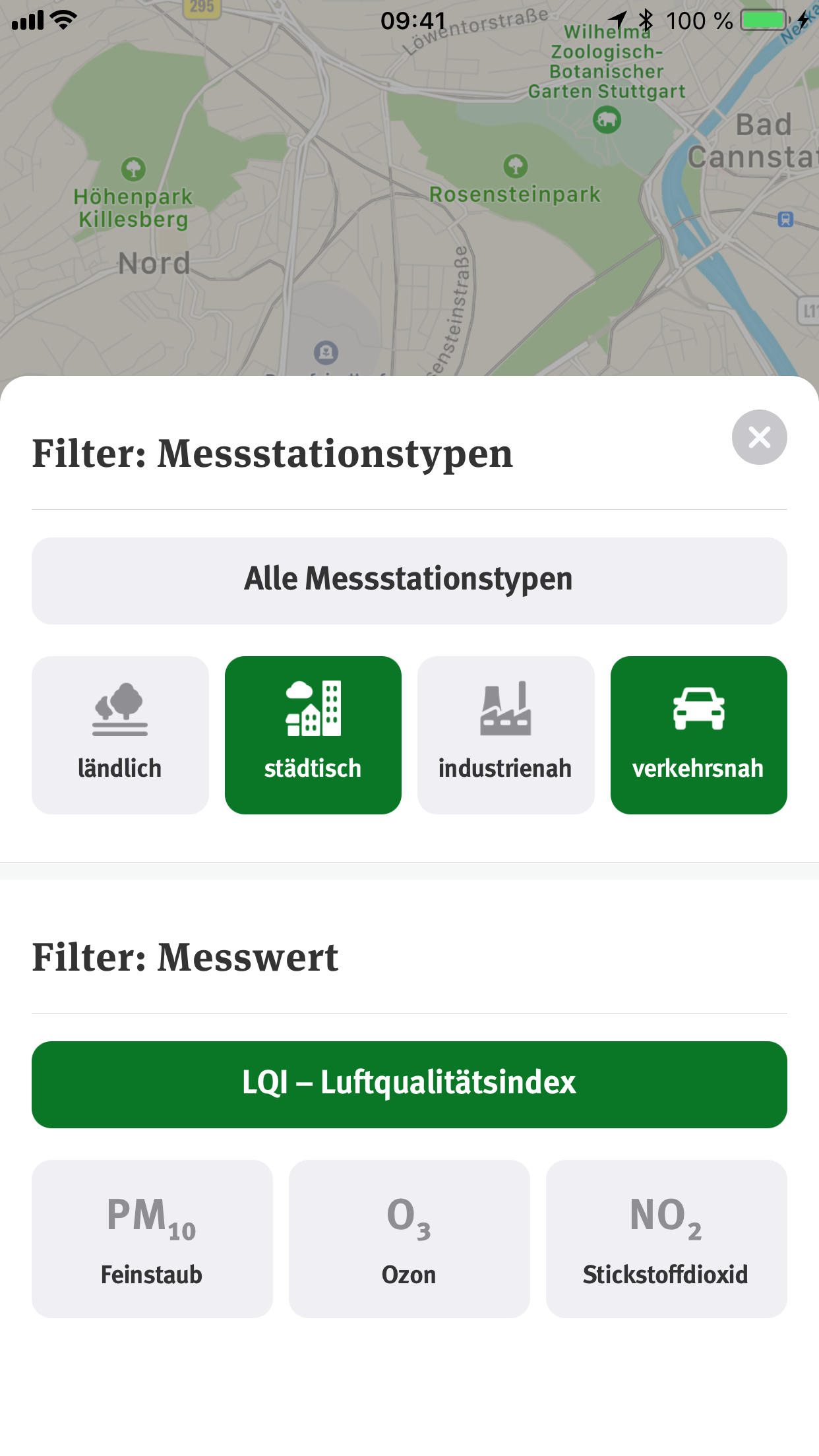 UBA Luftqualität App – Karteneinstellungen